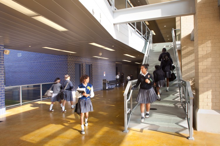 Stairway connecting two level open corridor
